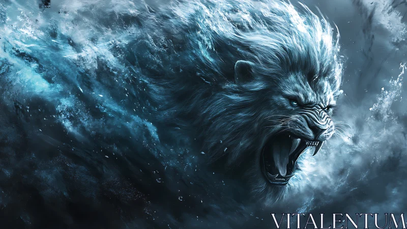 Elemental ice lion materializes from turbulent frozen surf