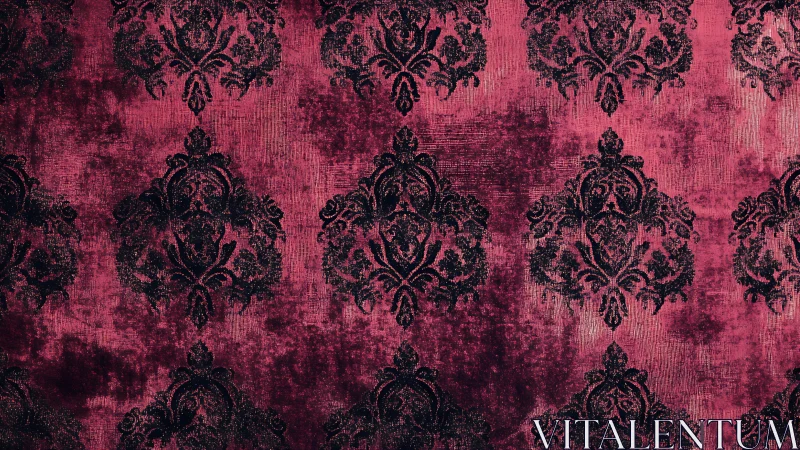 Textured crimson damask wallpaper with distressed baroque repeat.