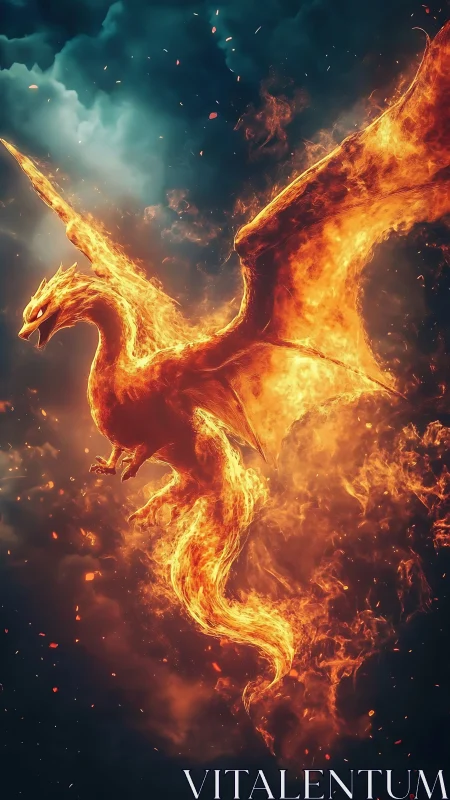 Fire dragon erupts skyward through rolling storm clouds.