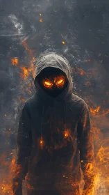 Hooded fiery figure with glowing eyes in dark flames