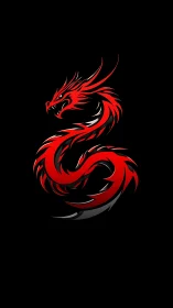 Red tribal dragon coils in stylized profile on black field