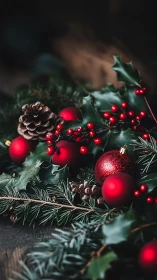 Red ornaments and holly in dark Christmas greenery.