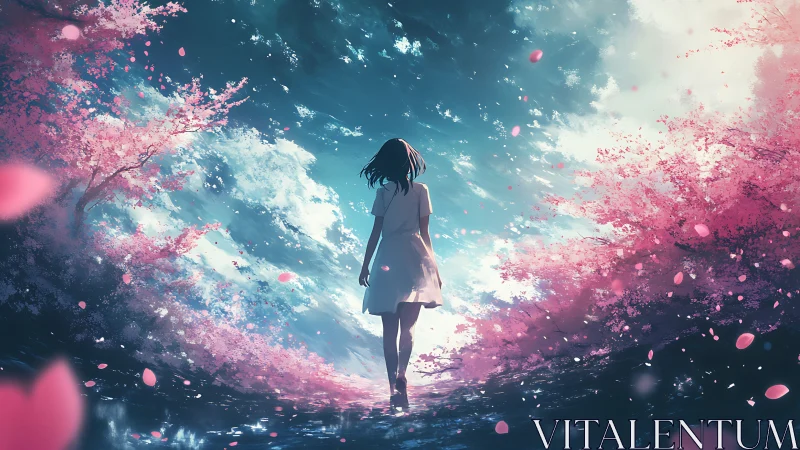 Backlit girl in dynamic sakura corridor under turbulent sky.