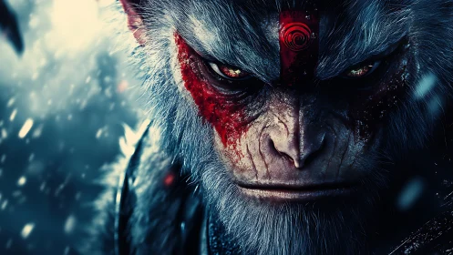 War-torn demon ape glares through snow with fiery resolve