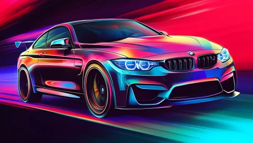 Neon sports coupe in motion with bold multicolor lighting.