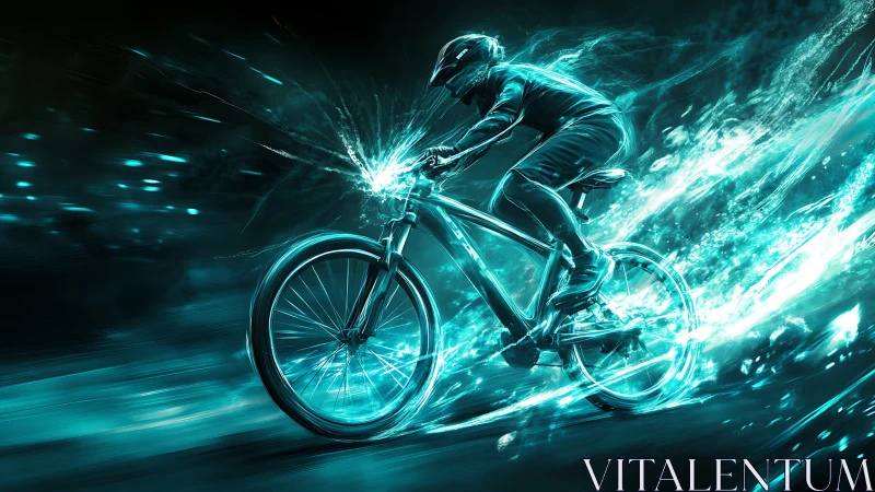 Neon Velocity: High-Speed Cyclist with Cyan Energy Trails and Kinetic Motion Blur Effects
