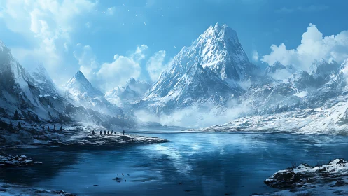 Snowbound alpine range towers over reflective glacial lake