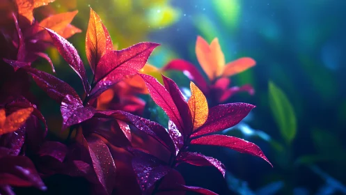 Neon dusk leaves bathed in underwater garden glow.