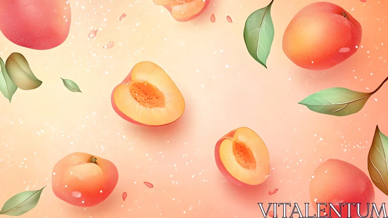 Floating whole and halved peaches with green leaves on peachy