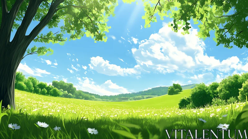 Luminous meadow panorama under high-saturation summer sky.