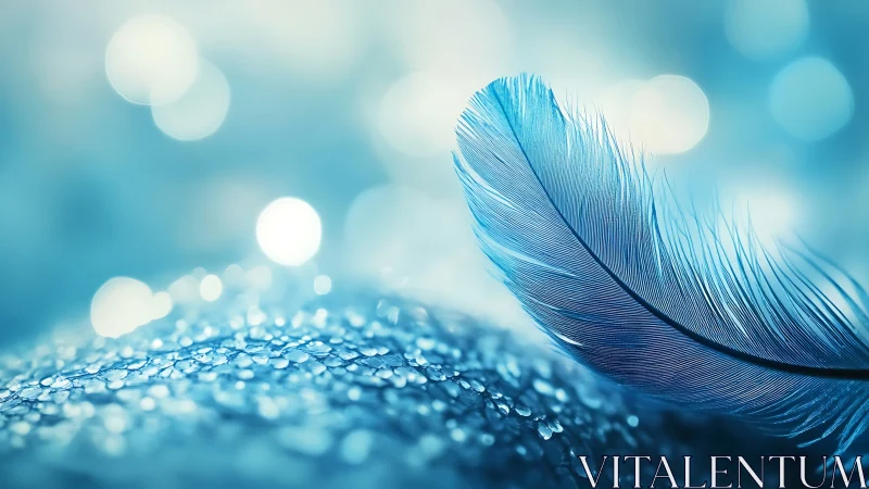 Blue feather lies on wet textured surface in soft focus light