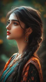 Elegant woman in profile gazes upward in soft golden dusk