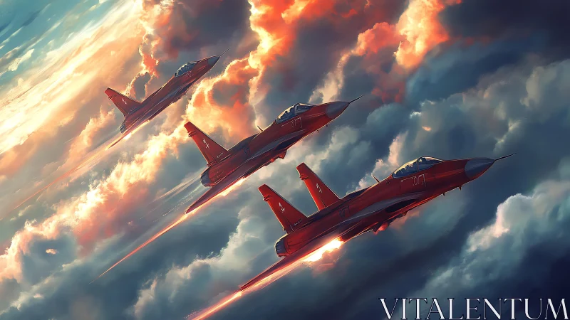 Scarlet fighter trio blazing through stormlit clouds.