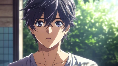 Sunlit anime boy pauses in quiet, heartfelt surprise outside