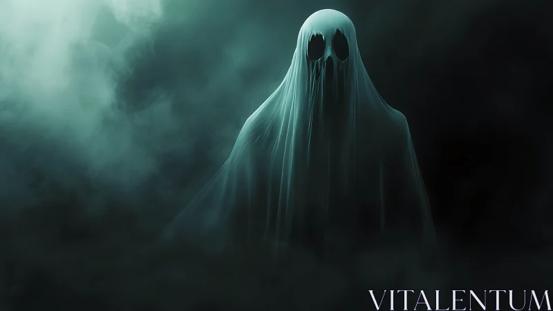 Shrouded wraith drifting through teal fog and spectral silence.