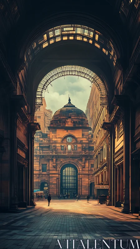 Sunlit city arcade framing a quiet historic courtyard.