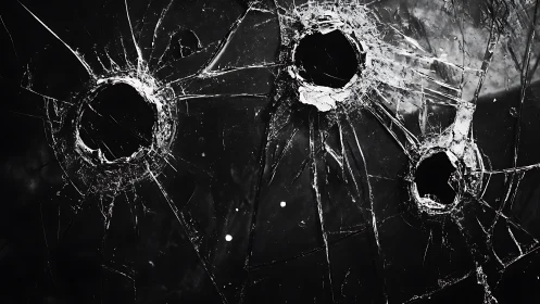Monochrome bullet-shattered glass with radial fracture geometry.