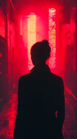 Silhouetted figure in red illuminated urban alleyway scene.