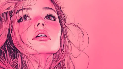 Monochrome magenta digital portrait with elevated gaze dynamics.