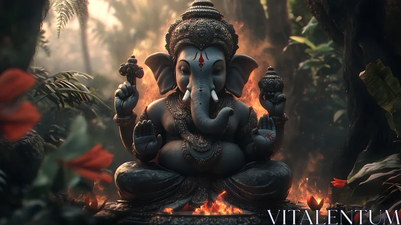 Divine elephant deity statue glows amid mystical jungle flames