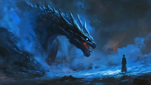 Large blue dragon confronting lone human in icy landscape.