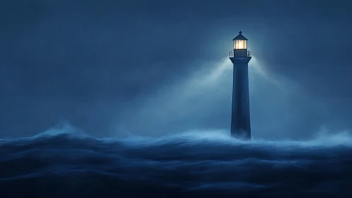 Lighthouse beam cuts through dark stormy ocean waves at night