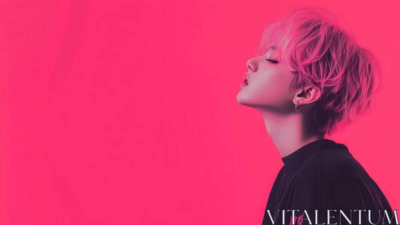 Vibrant neon portrait in profile with saturated magenta glow.