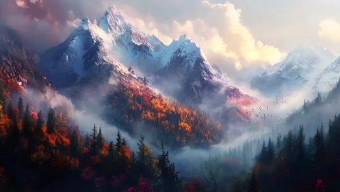 Snowy mountain range over misty autumn forest valley.