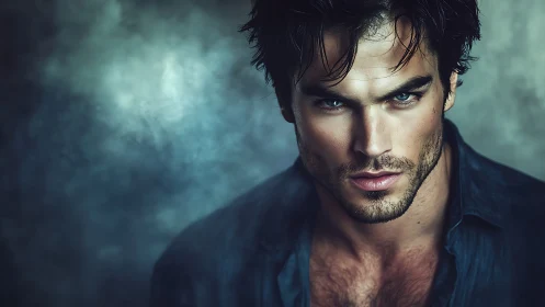 Brooding man with piercing eyes emerges from smoky haze.