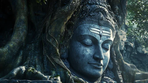 Stone divinity entwined in arboreal overgrowth, hyper-detailed visage.