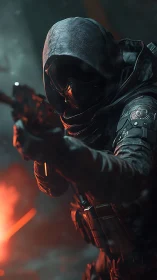 Hooded futuristic soldier steps forward through glowing embers