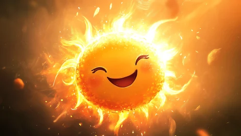 Giggling solar mascot radiating warm cartoon sunshine.