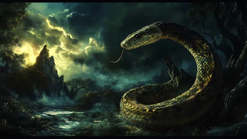 Serpentine dawn coils through a storm-lit jungle valley