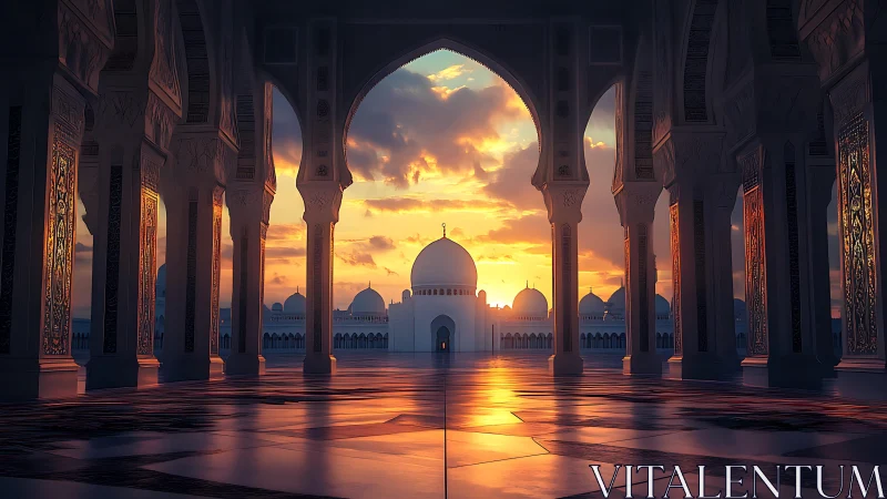 Sunset mosaics spill across the arches of a silent mosque courtyard