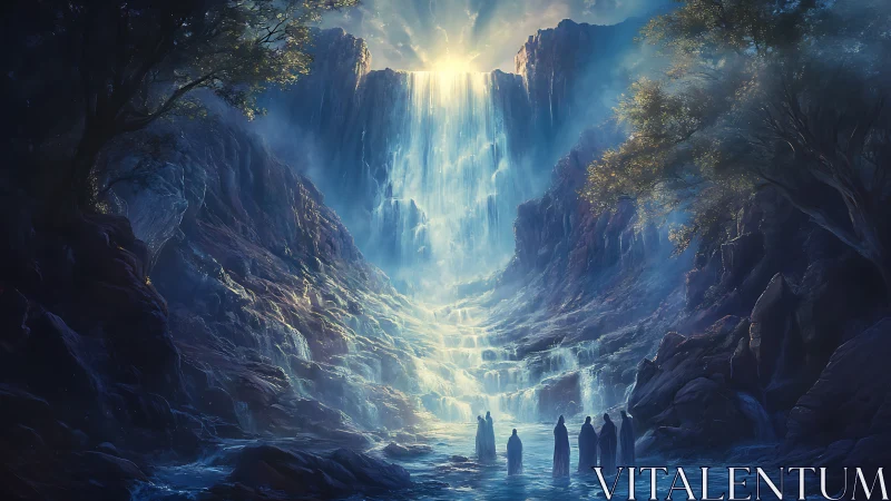 Pilgrims at the Skyfall Cascade of Sunlit Mysteries.