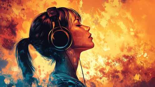 Young woman with headphones against bright abstract backdrop.