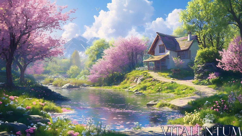Spring cottage beside blossom river under crystal sky.