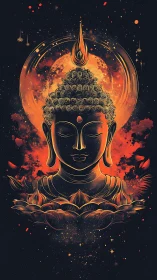 Cosmic Buddha afloat in ember lotus and molten halo glow.