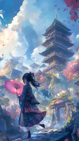 Dynamic low-angle view of kimono girl before towering pagoda