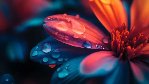 Crimson petals suspended in neon light. Dewdrops refract vibrant orange-blue spectrum.