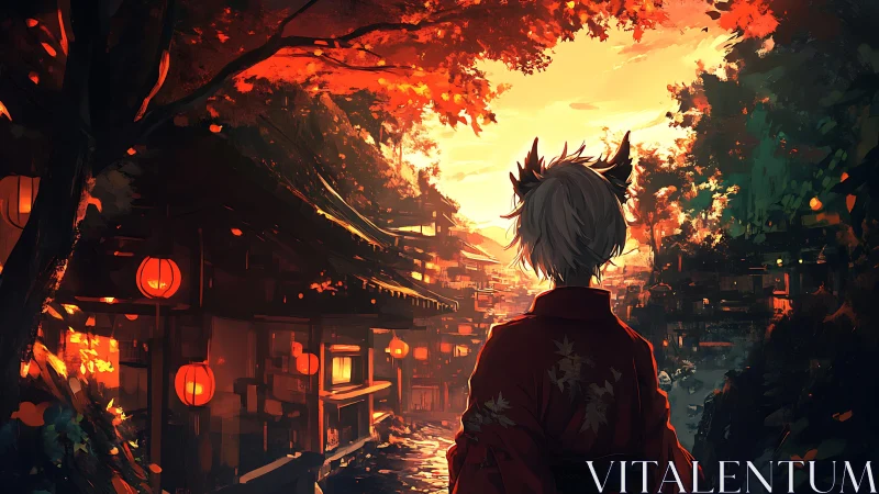 Gentle fox-eared wanderer enjoys a warm lantern-lit sunset