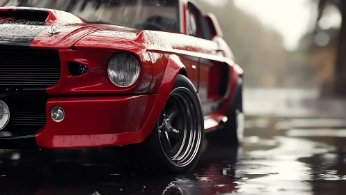 Wet-lensed closeup of red classic muscle car front quarter.
