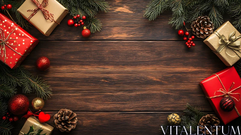 Festive Christmas gifts frame rustic wooden table background.