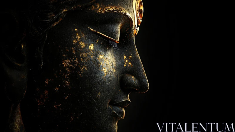 Golden quietude on a shadowed divine profile sculpture.