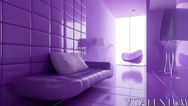 Minimalist purple lounge with glossy tiles and modern seating
