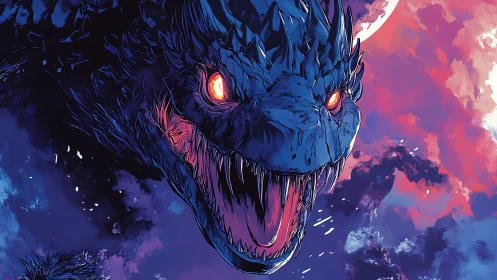Large blue dragon head with open jaws against vivid sky.