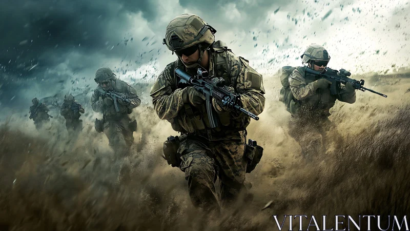 Tactical infantry squad advances through storm-swept battlefield