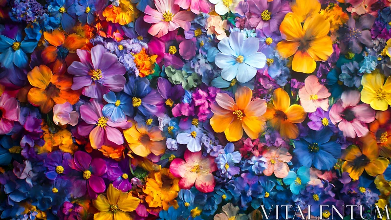 Multicolored overlapping floral pattern in dense composition.