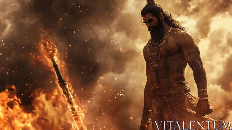 Warrior god amid swirling fire and smoke in epic pose.