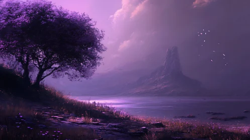 Twilight lakeside tree framed against misty monolithic peak in violet